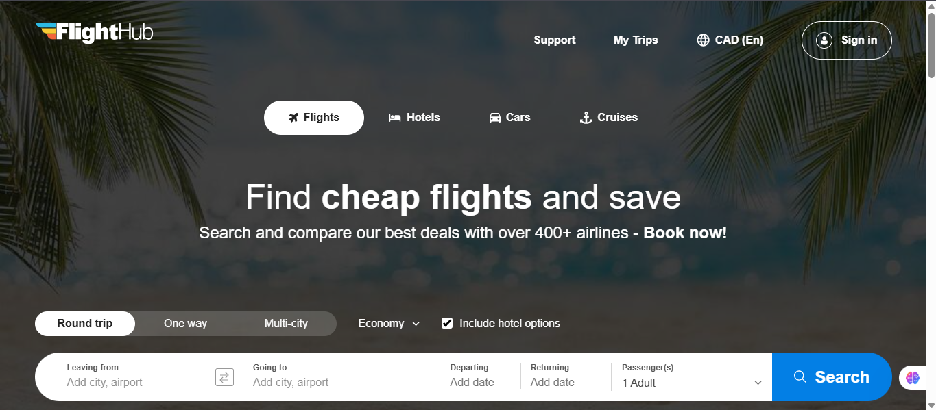 Screenshot of Homepage of Official Website of Flight hub